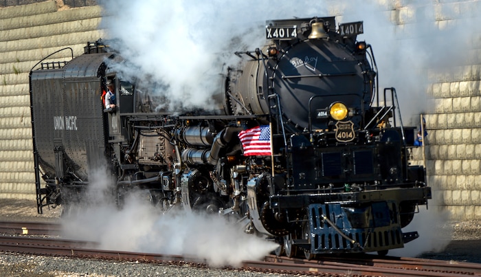 Leah Hogsten  |  The Salt Lake Tribune  Ed Dickins with Big Boy No. 4014 and the crew arrive in Ogden on Thursday.  In celebration for the 150th anniversary of the transcontinental railroadÕs completion, Union Pacific's iconic steam locomotives, Living Legend No. 844 and Big Boy No. 4014 met at Ogden Union Station, May 9, 2019. 