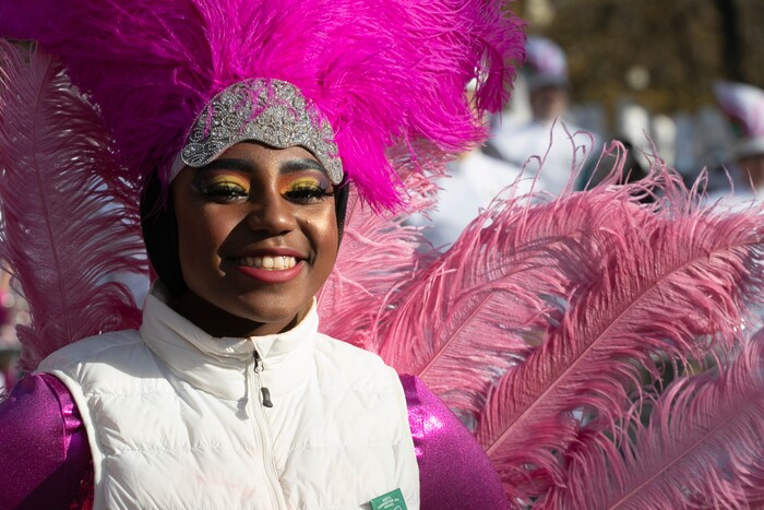 (Mark Lennihan | AP) Kaylah Lightfoot, of Blue Springs High School marching band from Blue Springs, Mo., participates in the Macy's Thanksgiving Day Parade, Thursday, Nov. 28, 2019, in New York.