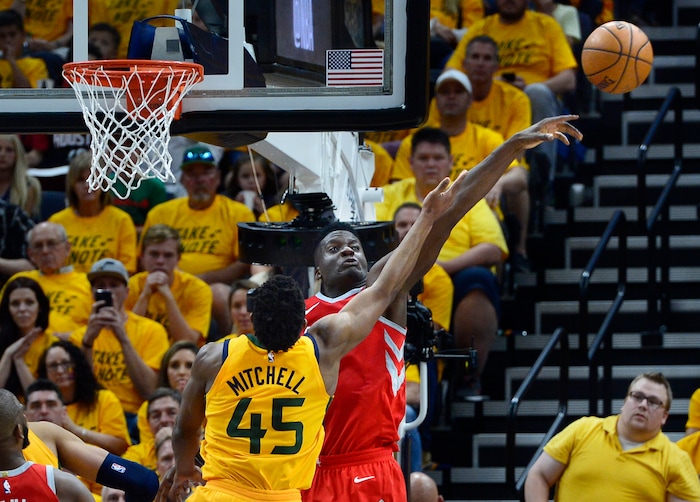 (Scott Sommerdorf | The Salt Lake Tribune)
Houston Rockets center Clint Capela (15) blocks this second half shot by Utah Jazz guard Donovan Mitchell (45). The Rockets beat the Jazz 100-87, Sunday, May 6, 2018.