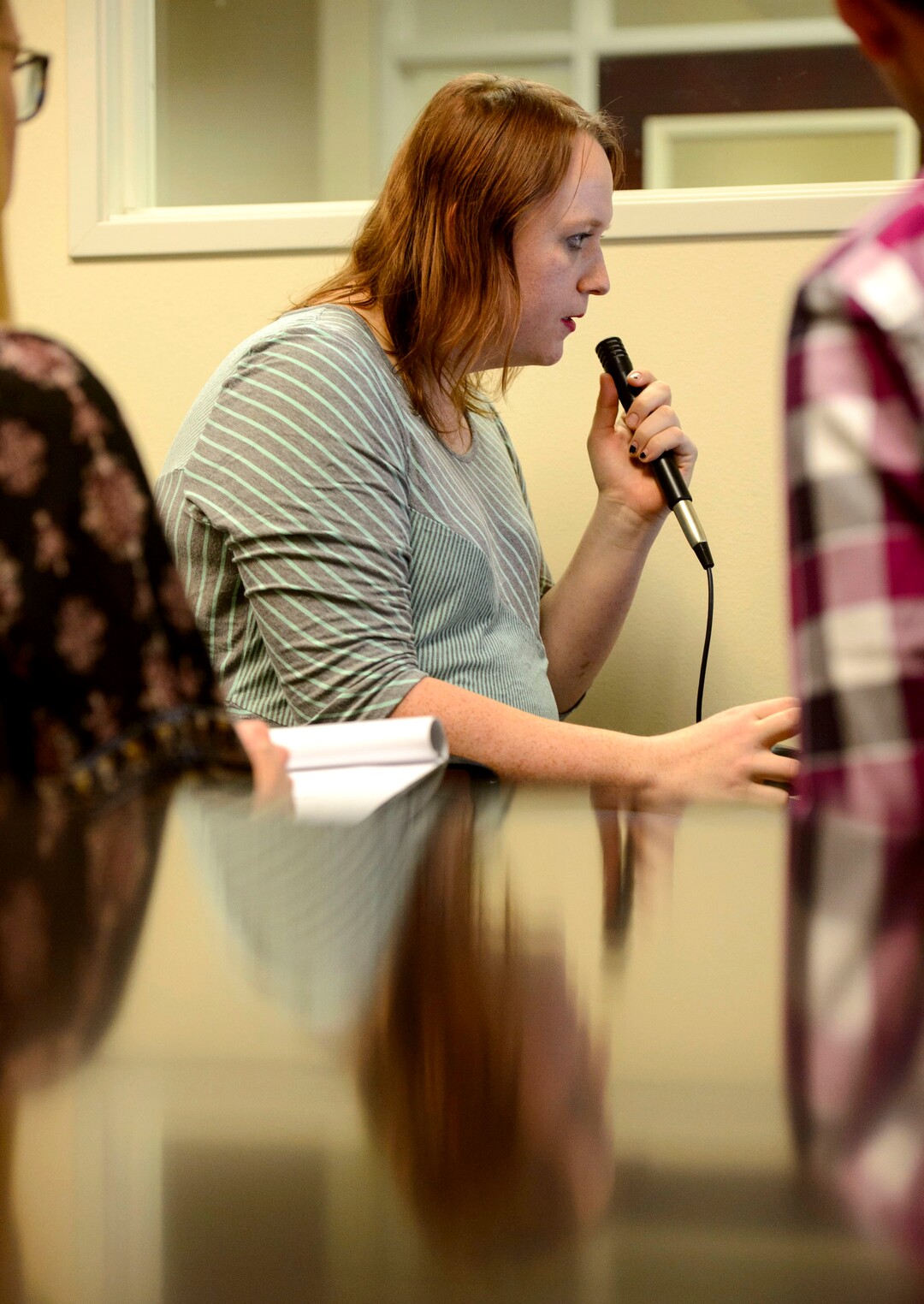 (Steve Griffin  |  The Salt Lake Tribune) Jordan Gabbitas, works with students Timothy Baker and Abbey Lasek as she uses computer software at Rocky  Mountain University to help the consistency of her voice. The speech clinic helps transgender individuals match their voice to their gender. She was at the Provo, Utah clinic Tuesday January 16, 2018.