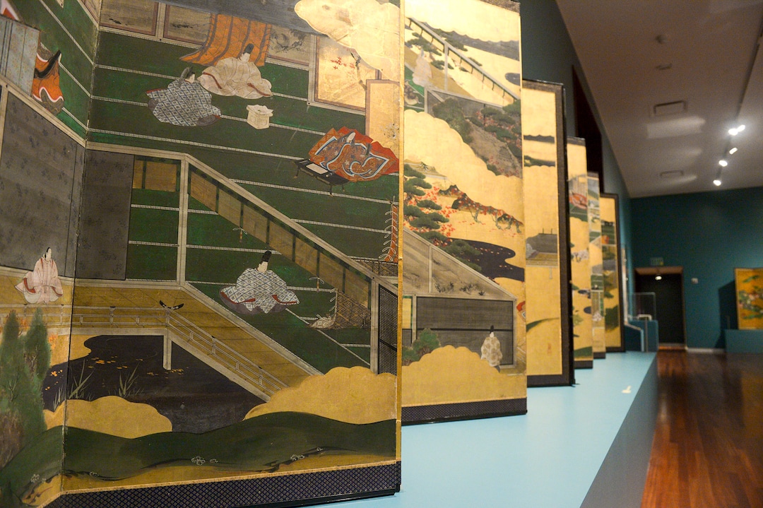 (Leah Hogsten  |  The Salt Lake Tribune) Scenes from the Tale of Genji, mid-19th century Japanese ink, gouache, paper, wood, silk and gold leaf by Kaiho Yusho II, 1818-1869. The Utah Museum of Fine Arts is showcasing two exhibits of Japanese art. Seven Masters: 20th-Century Japanese Woodblock Prints, from the Minneapolis Institute of Art features the work of seven woodblock print artists who created a new art form, shin hanga.Beyond the Divide: Merchant, Artist, Samurai in Edo Japan features scrolls, screens, sculpture, prints and samurai armor and weapons from the UMFA’s own collection.