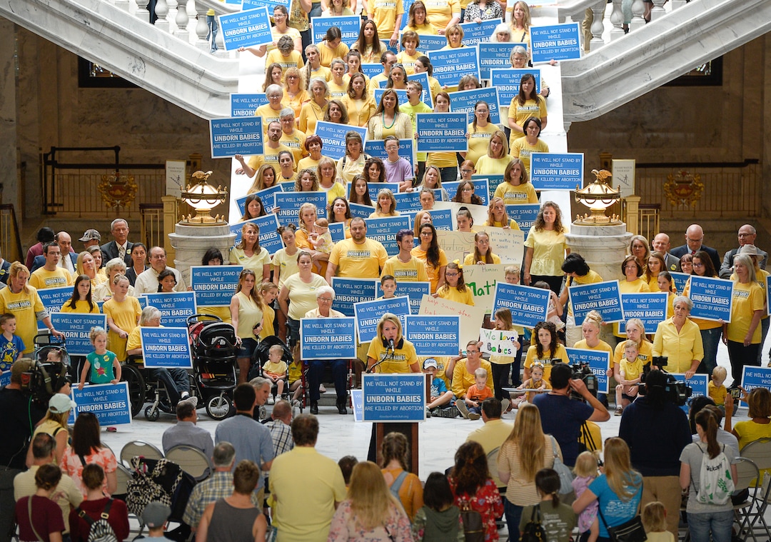 (Francisco Kjolseth  |  The Salt Lake Tribune)  Mary Taylor, center, president of Pro-Life Utah speaks to those gathered at the Utah Capitol on Wed. June 19, 2019, as Abortion-Free Utah launches a public campaign to end elective abortion in the state of Utah during the press event.