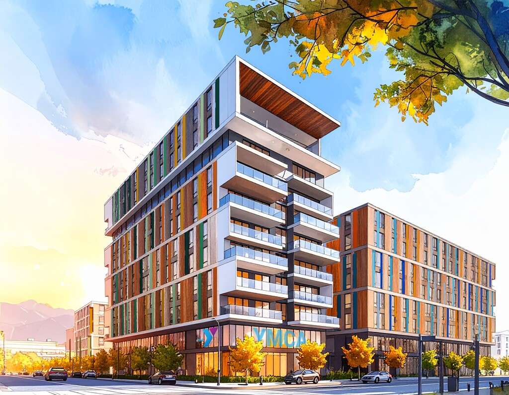 (Mercy Housing, via Salt Lake City) An early conceptual rendering looking northwest at a housing complex that Mercy Housing is planning to build in its partnership with Salt Lake City to develop the northeast corner of city-owned Fleet Block.