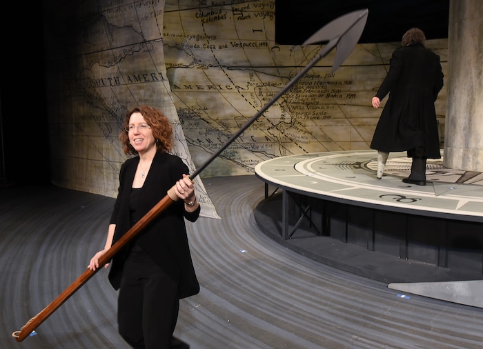 (Francisco Kjolseth  |  The Salt Lake Tribune)  Wielding a harpoon, Kristine McIntyre, the director of Utah Opera's upcoming "Moby-Dick," is a huge Melville nerd who has read the book seven times since being hired her for the gig. Recently some of the cast (including Roger Honeywell, in the background) was on the set of the company's upcoming production of the 21st-century opera by Jake Heggie based on the classic novel by Herman Melville.