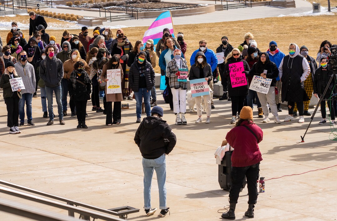 (Rick Egan | The Salt Lake Tribune)  More than 200 people gather on the steps of the Capitol for a rally, speaking out against Rep. Kera Birkeland's transgender sports bill, on Friday, Feb. 25, 2022.