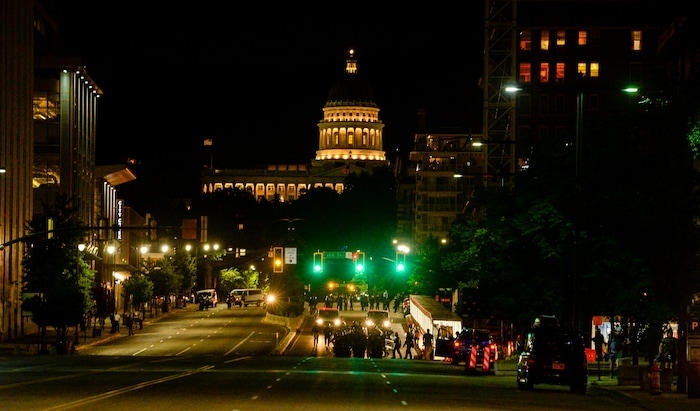 (Leah Hogsten  |  The Salt Lake Tribune) A line of police pushed protesters down State Street.  Protest against police brutality in Salt Lake City on Monday, June 1, 2020.