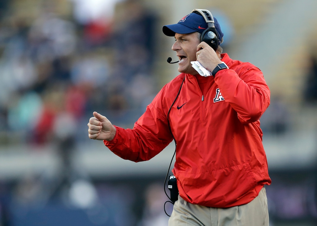 FILE - In this Oct. 21, 2017, file photo, Arizona coach Rich Rodriguez yells from the sideline during the first half of the team's NCAA college football game against California in Berkeley, Calif. Arizona has fired Rodriguez after a notice of claim was filed with the state attorney general's office alleging he ran a hostile workplace. The Arizona Daily Star revealed the notice of claim on Tuesday, Jan. 2, 2018, after making a public-records request. Athletic director Dave Heeke issued a statement saying the athletics department decided to go in a new direction after evaluating the program. (AP Photo/Marcio Jose Sanchez, File)