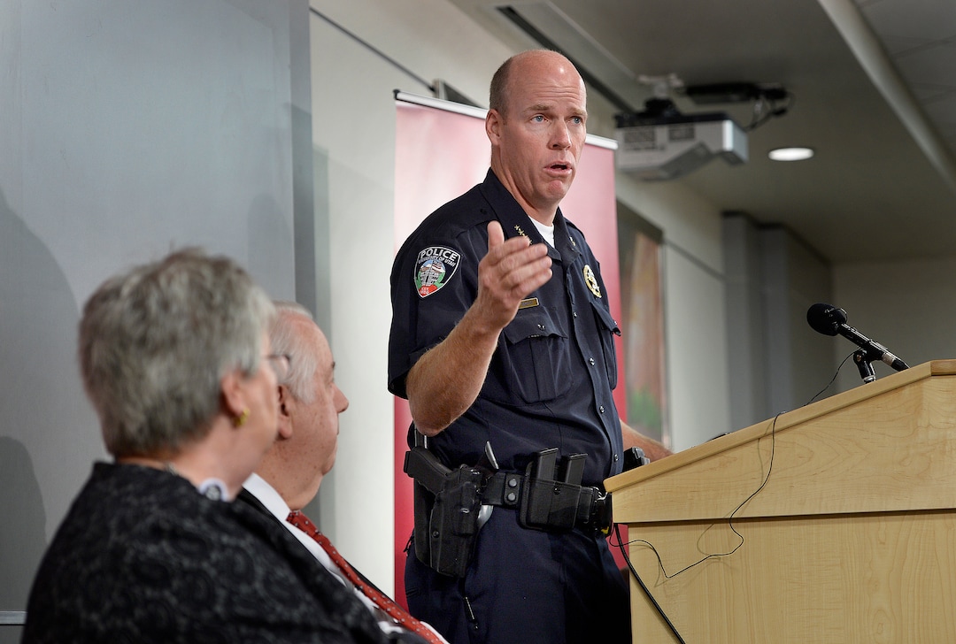 (Scott Sommerdorf   |  The Salt Lake Tribune)   Dale Brophy, University Chief of Police, and director of public safety speaks at a press conference held at the U of U Medical Center regarding policy changes resulting from the arrest of nurse Alex Wubbels, Monday, September 4, 2017. 