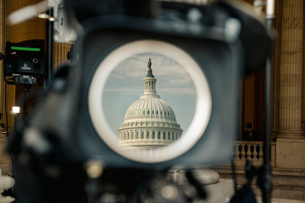 (Shuran Huang | The New York Times) Television news crews set up for coverage prior to the start of the second day of hearings to investigate the Jan. 6, 2021 attack on the U.S. Capitol in Washington on Monday, June 13, 2022.