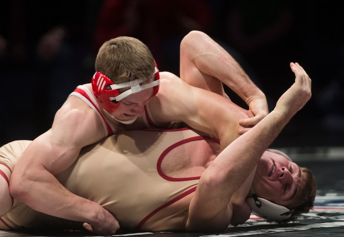 (Rick Egan  |  The Salt Lake Tribune)   Joey Aagard (Juab) wrestles Lance Fowles (Manti) in the 160 weight class. Agar won (Dec 8-6)in the 3A State Wrestling at UVU in Orem, Saturday, February 10, 2018.