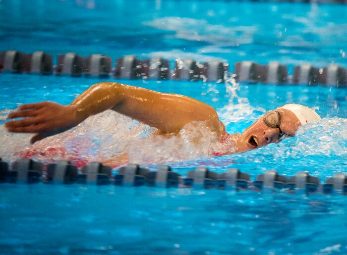 (Rick Egan  |  The Salt Lake Tribune)    American Fork Swimmer, Allie Hill, swims to a first place finish in the Women's 500 Yard Freestyle, in 6A State Swimming Championships in Bountiful, Friday, February 9, 2018.