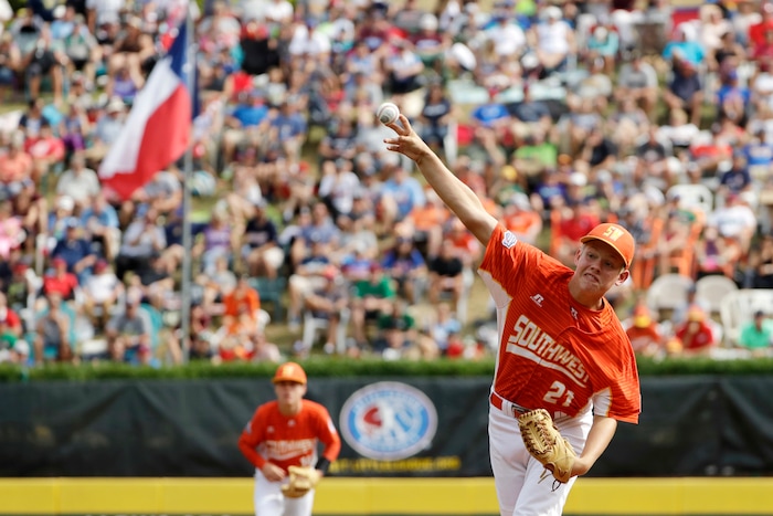 Lufkin, Texas' Chip Buchanan pitches during the first inning of Little League World Series Championship baseball game against Japan, Sunday, Aug. 27, 2017, in South Williamsport, Pa. Japan won 12-2 in five innings. (AP Photo/Matt Slocum)