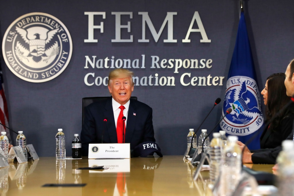 FILE - In this Aug. 4, 2017 file photo, President Donald Trump speaks at Federal Emergency Management Agency (FEMA) headquarters in Washington. (AP Photo/Jacquelyn Martin, File)