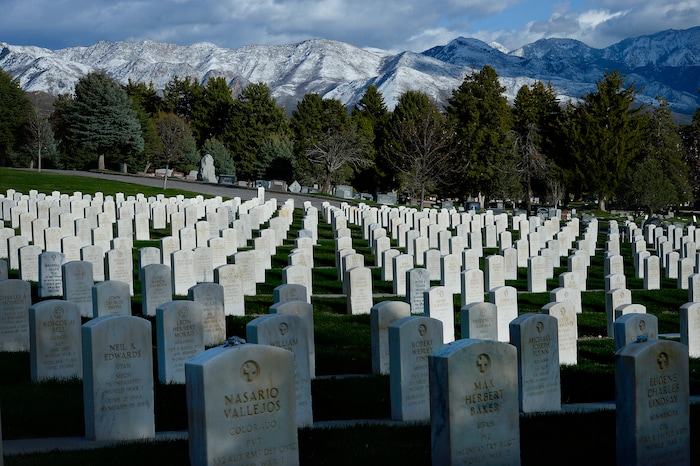 (Scott Sommerdorf | The Salt Lake Tribune)
The Salt Lake City Cemetery, Friday, April 13, 2018. The cemetery is historic, beloved by relatives, neighbors, nature and recreation lovers -- and needs about $27 million in repairs, improvements and financial aid. The city is reviewing a master plan to make fixes and improvements. 
