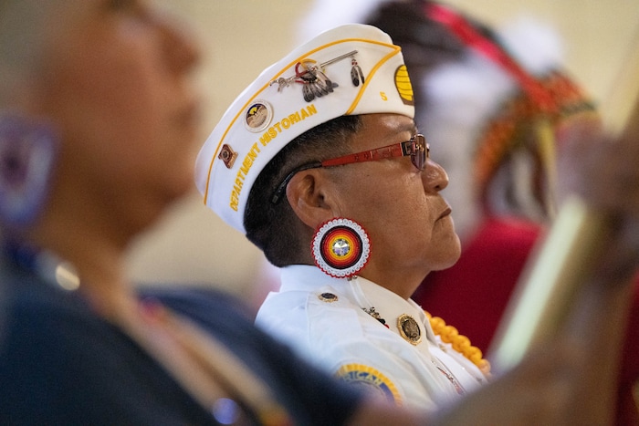 (Francisco Kjolseth | The Salt Lake Tribune) Johanna J. Jenkins with the Ute Indian Tribe Veterans Color Guard presents the colors during the 15th Annual Governor’s Native American Summit held on the Utah Valley University campus on Friday, Aug. 6, 2021.