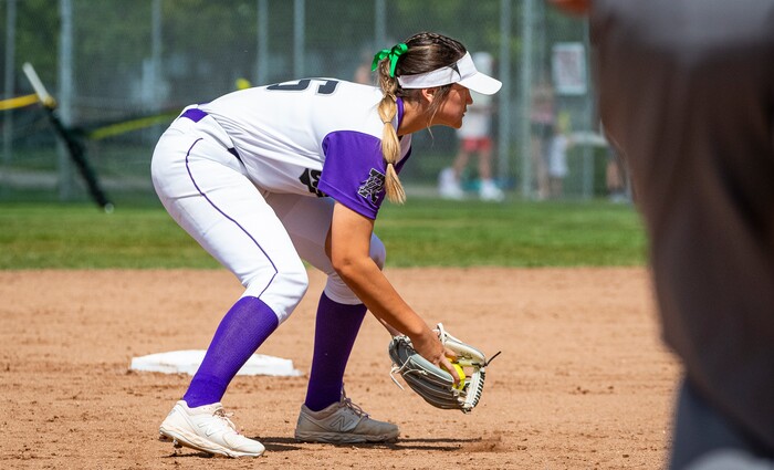 (Isaac Hale | Special to The Tribune) Riverton shortstop Jolie Mayfield (16) fields a ground ball during the second game of a best-of-three series between the Bingham Miners and the Riverton Silverwolves as part of the 6A state softball championship held at the Spanish Fork Sports Park on Friday, May 28, 2021.