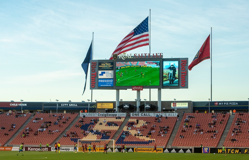 (Rick Egan  |  The Salt Lake Tribune) Socially distanced fans cheer on Real Salt Lake  during MLS soccer action between Real Salt Lake and the Seattle Sounders, at Rio Tinto Stadium, Wednesday, Sept. 2, 2020. The stadium's naming rights are now up for grabs after the team's long relationship with the mining and real estate company. At least one suitor, and maybe more, are talking to RSL about becoming the staidum's new title sponsor.