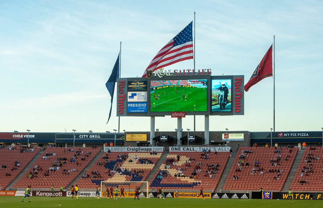 (Rick Egan  |  The Salt Lake Tribune)     Socially distanced fans cheer on Real Salt Lake  during MLS soccer action between Real Salt Lake and the Seattle Sounders, at Rio Tinto Stadium, Wednesday, Sept. 2, 2020.