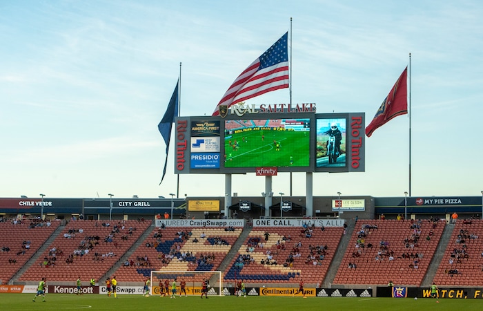 (Rick Egan  |  The Salt Lake Tribune)     Socially distanced fans cheer on Real Salt Lake  during MLS soccer action between Real Salt Lake and the Seattle Sounders, at Rio Tinto Stadium, Wednesday, Sept. 2, 2020.