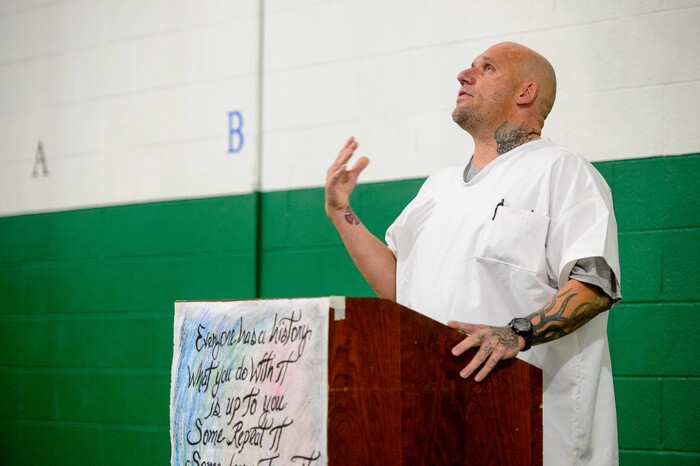 (Trent Nelson | The Salt Lake Tribune)
Daryn Schoenberger, an inmate at the Utah State Prison, delivers a speech at a meeting of the New Visions Speech Club in the prison's Promontory facility in Draper on Tuesday Dec. 3, 2019.
