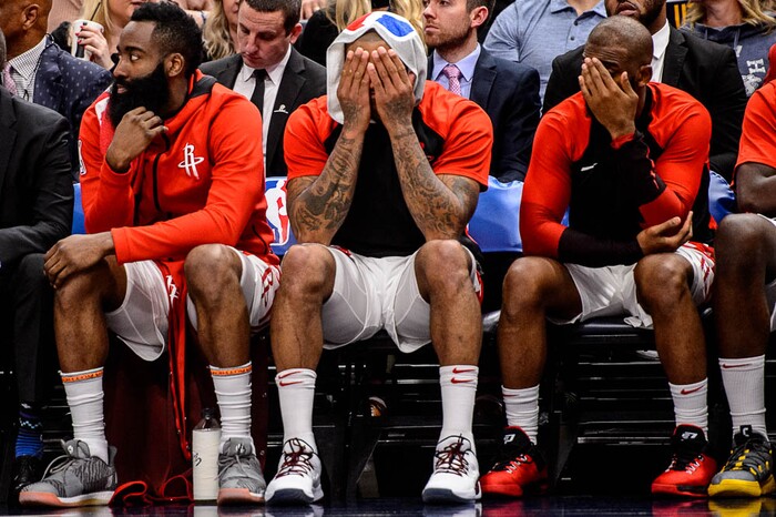 (Trent Nelson | The Salt Lake Tribune)  
Houston Rockets guard James Harden (13), Houston Rockets forward PJ Tucker (17) and Houston Rockets guard Chris Paul (3) on the bench in the fourth quarter. The Utah Jazz host the Houston Rockets, NBA basketball in Salt Lake City on Thursday Dec. 6, 2018.