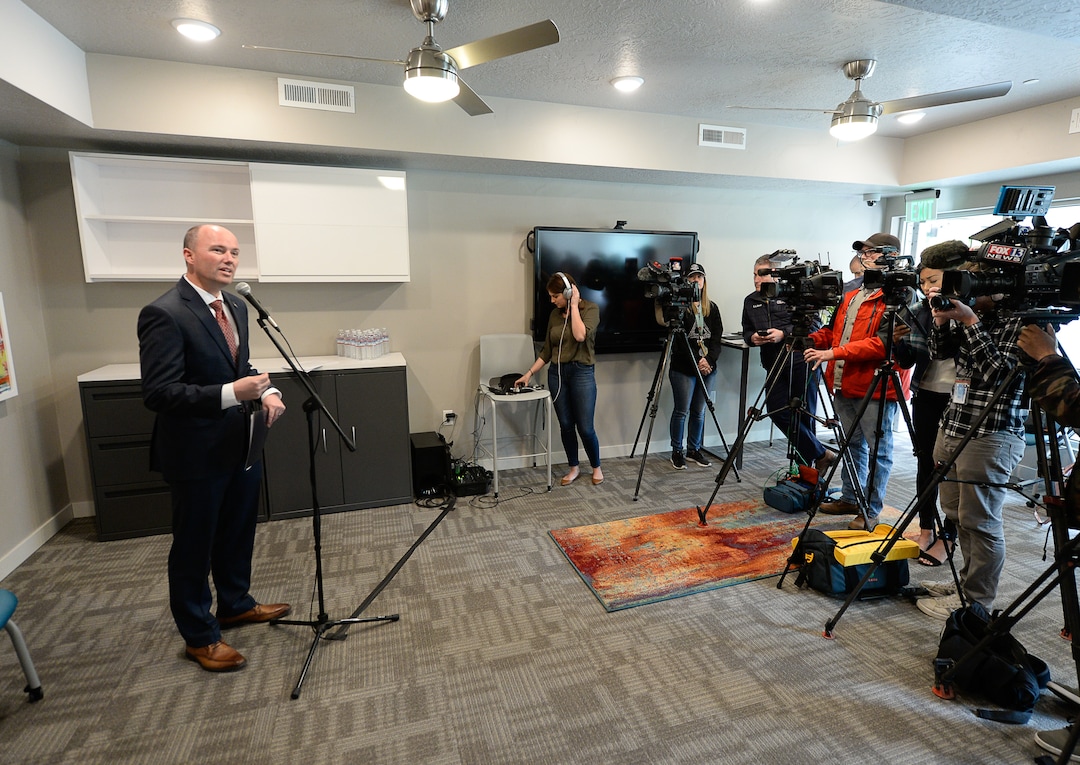 (Francisco Kjolseth  |  The Salt Lake Tribune)  Lt. Gov. Spencer Cox announces a new effort to help an additional 100 homeless people move into permanent housing during a press event at Sharon Gardens Apartments in South Salt Lake on Monday, April 29, 2019. The Lt. Governor called on Salt Lake area landlords to providing units available to people who have been homeless with the help of vouchers. The apartment with 58 one bedroom units provides 45 to low income people and the 13 remaining at market rate.