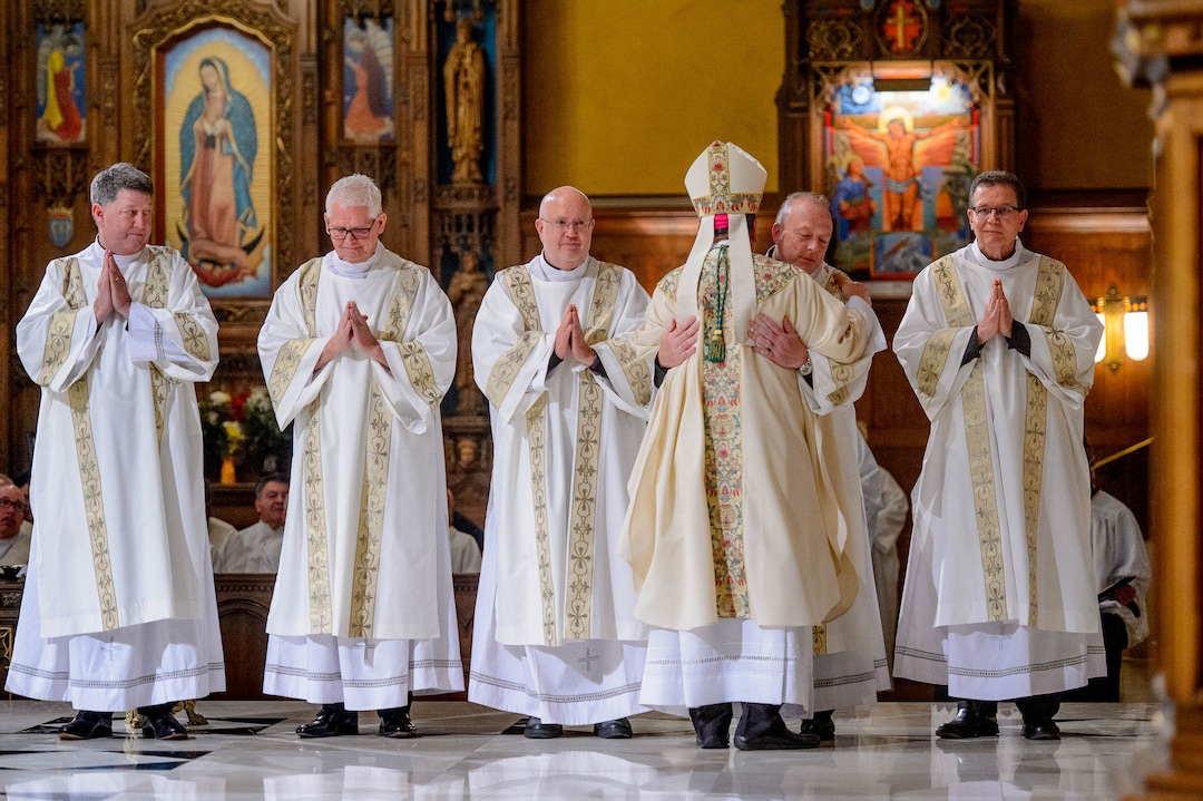 (Trent Nelson  |  The Salt Lake Tribune) Bishop Oscar A. Solis at a Mass where five men were ordained to the Office of Deacon at the Cathedral of the Madeleine in Salt Lake City on Friday, Jan. 31, 2020. From left are Greg Werking, Tom Devereux, Robert Cowlishaw, Jeremy Castellano, Solis, and Jeff Allen.
