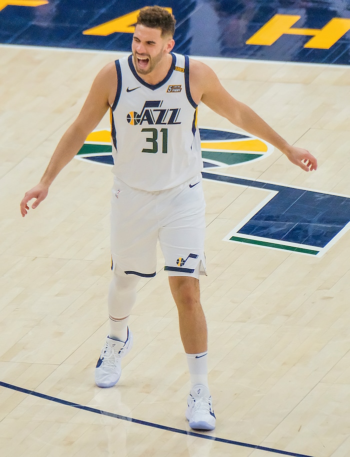 Leah Hogsten | The Salt Lake Tribune Utah Jazz forward Georges Niang (31) celebrates play in the second half as the Utah Jazz host the Indiana Pacers, April 16, 2021 at the Vivint Arena.