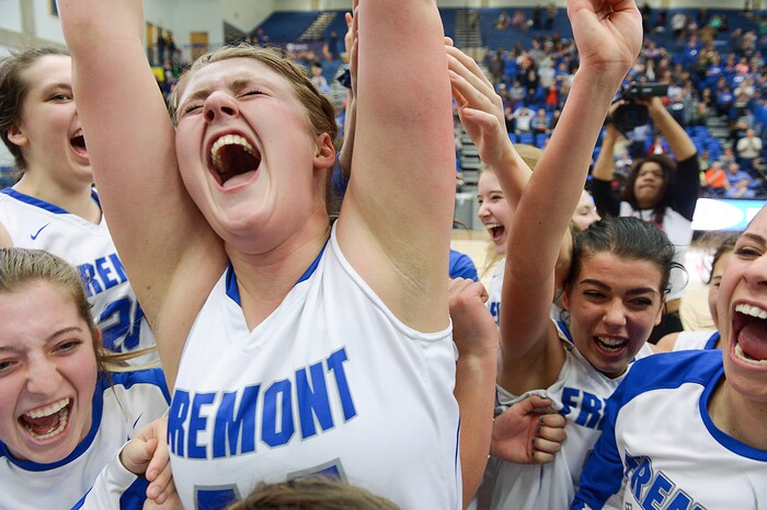 (Leah Hogsten  |  The Salt Lake Tribune) Fremont celebrates the win. Fremont defeated Bingham 61-47 to win the 6A High School Girls' Basketball Tournament title at SLCC in Taylorsville,Saturday, Feb. 24, 2018. 