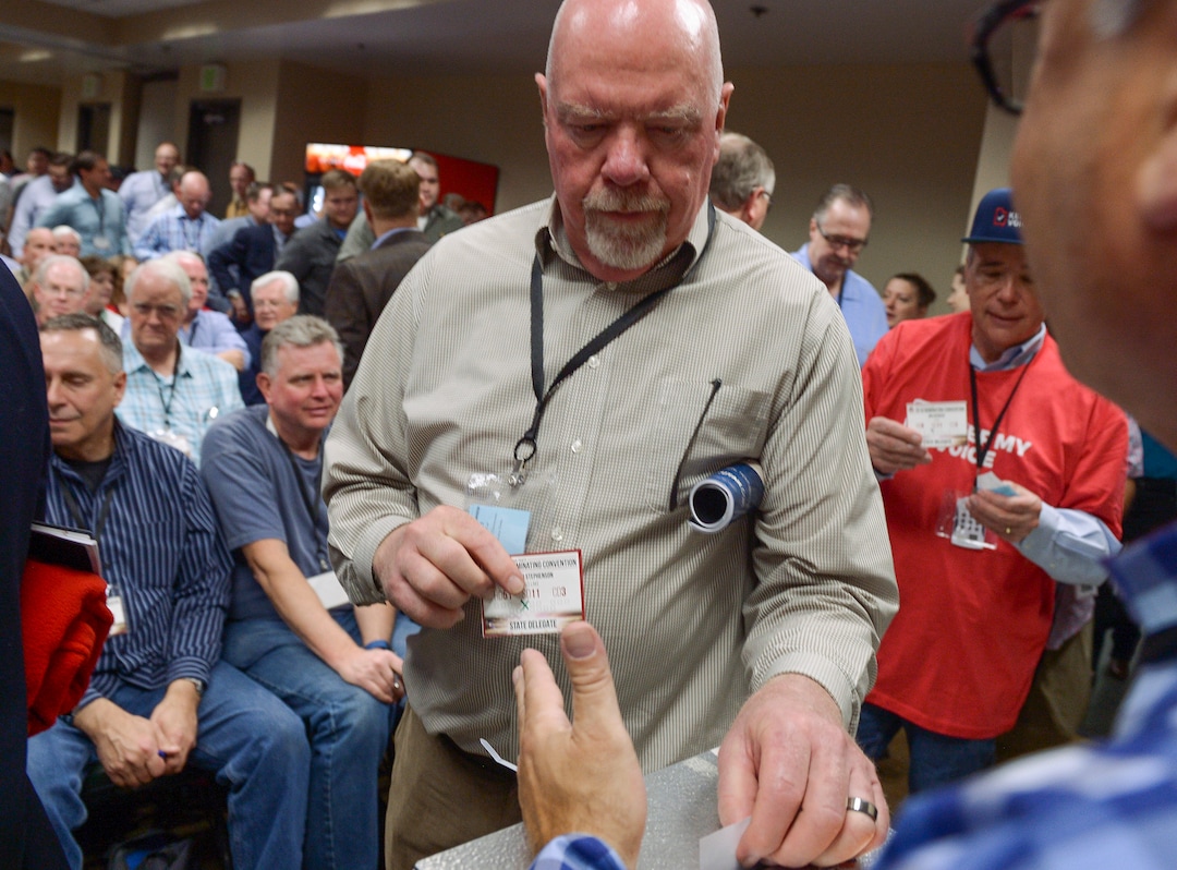 (Leah Hogsten  |  The Salt Lake Tribune) Retiring Sen. Howard Stephenson, R-Draper, casts his vote for the candidate to replace him in District 11 at the Utah Republican Nominating Convention Saturday, April 21, 2018 at the Maverik Center.