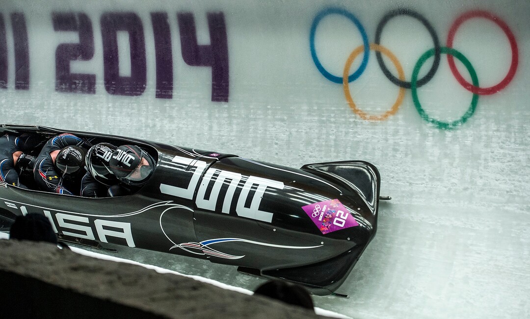 KRASNAYA POLYANA, RUSSIA  - JANUARY 22:Night Train 2, piloted by Steven Holcomb and pushed by Chris Fogt, Curtis Tomasevicz, Steve Langton, compete in the four-man bobsled at Sanki Sliding Center during the 2014 Sochi Olympics Saturday February 22, 2014. They currently in fourth place with a time of 1:50.36. (Photo by Chris Detrick/The Salt Lake Tribune)