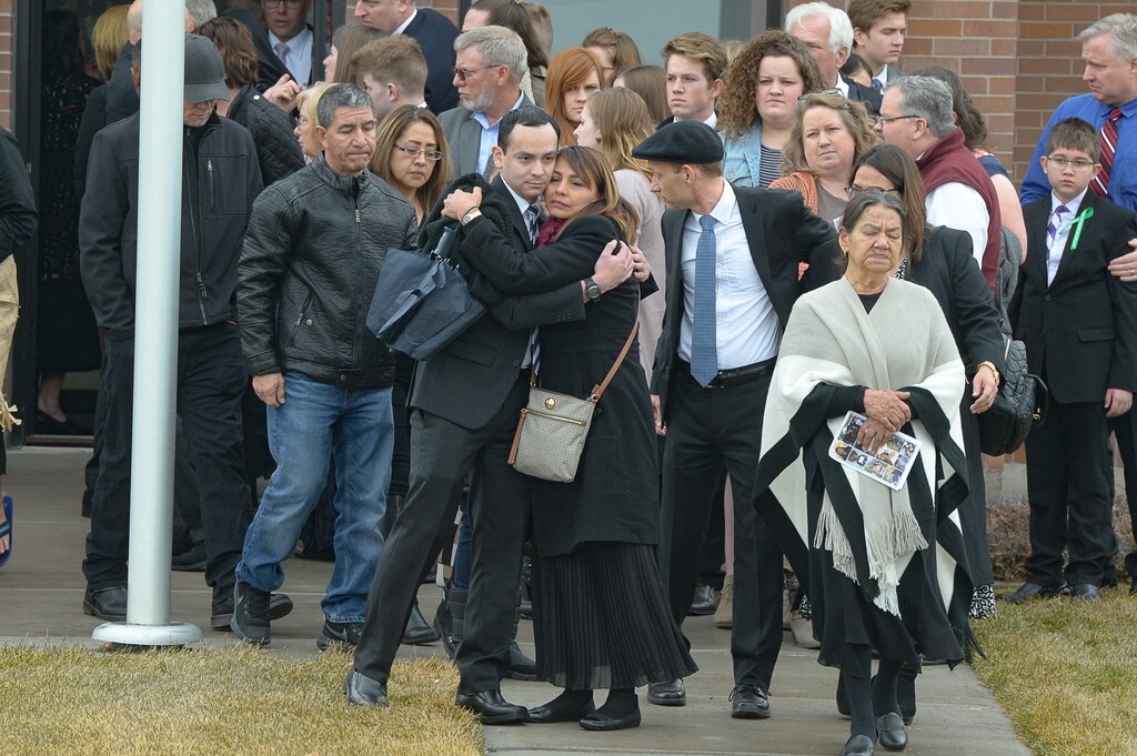 (Francisco Kjolseth | The Salt Lake Tribune) Danny Haynie is embraced after funeral services for his mother and siblings Consuelo Alejandra Haynie and her children Milan, 12, Alexis, 15 and Matthews, 14, in Grantsville on Friday, Jan. 24, 2020. The killing of the Utah mother and three of her children by a gunman identified by police as her 16-year-old son is "nearly unbearable" for the father who survived, a lawyer said Thursday, Jan. 23, 2020.