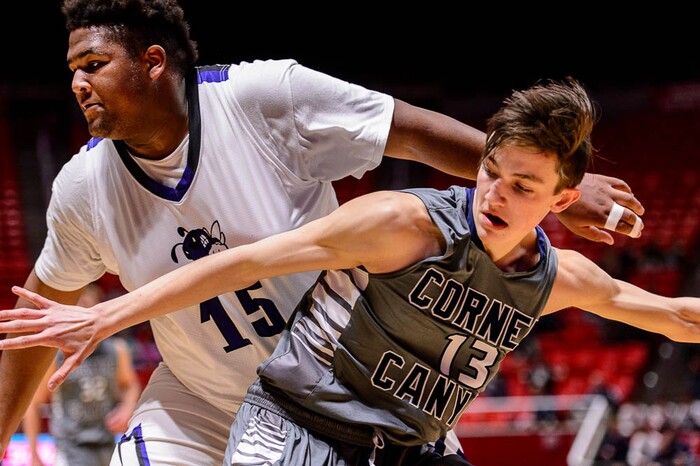 (Trent Nelson | The Salt Lake Tribune)  Box Elder vs. Corner Canyon, 5A State high school basketball tournament at the Huntsman Center in Salt Lake City, Wednesday Feb. 28, 2018. Box Elder's Tyson Madson (15) and Corner Canyon's Hayden Welling (13).