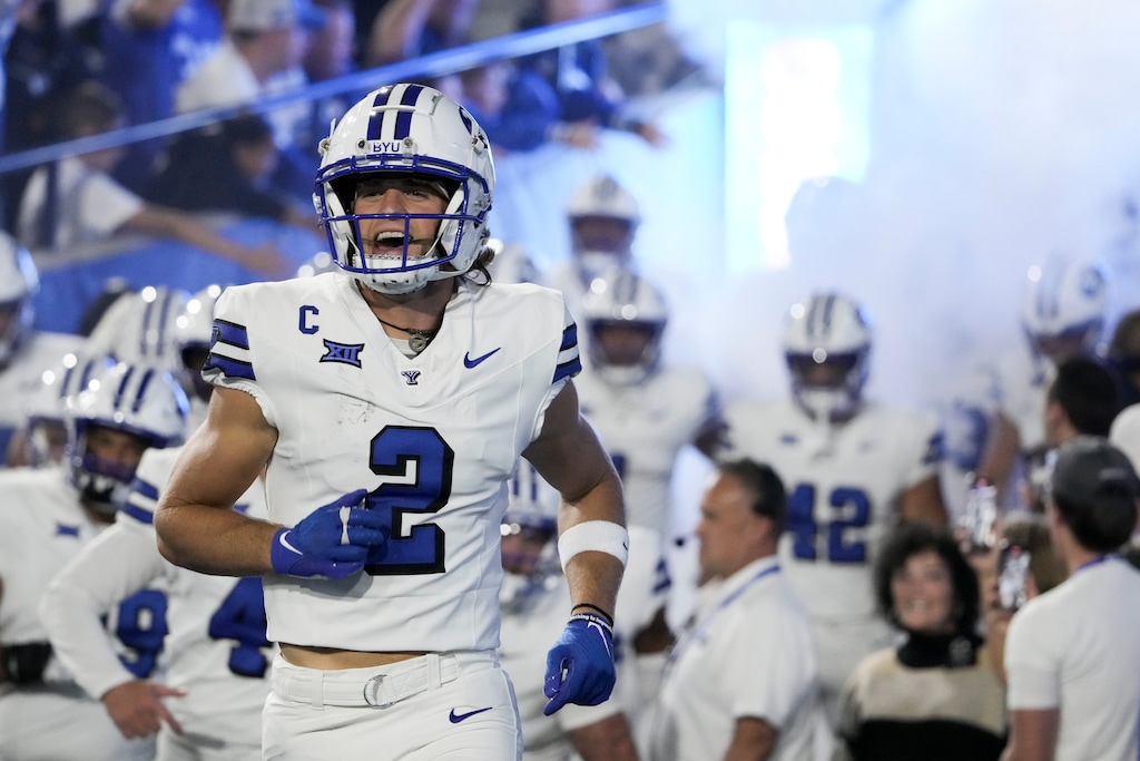 (Bethany Baker  |  The Salt Lake Tribune) Brigham Young Cougars wide receiver Chase Roberts (2) runs out before the game between the Brigham Young Cougars and the Kansas State Wildcats in Provo on Saturday, Sept. 21, 2024.