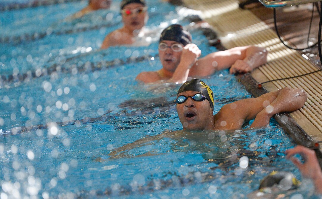 (Francisco Kjolseth  |  The Salt Lake Tribune)  Blayze Kimble of Cottonwood checks his time for his first place win in the Men 200 Yard IM at the high school swimming 5A State Championships in Bountiful, Friday February 9, 2018.