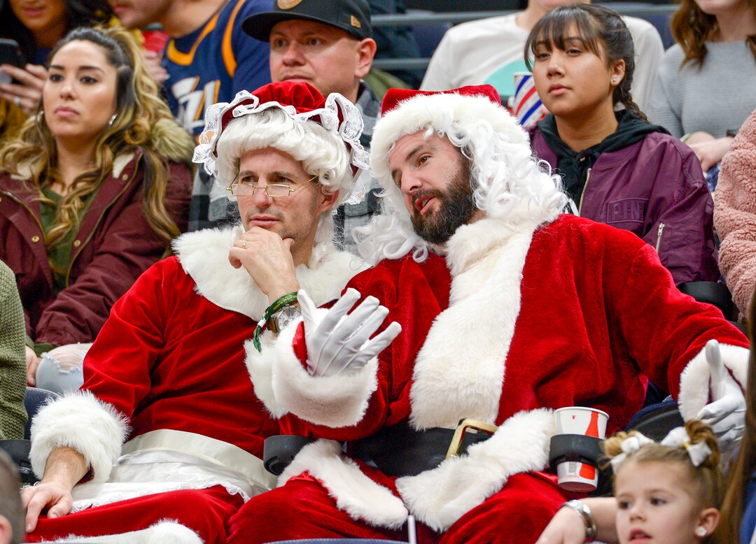 Leah Hogsten  |  The Salt Lake Tribune  Mrs. and Mr. Claus debate plays as the Utah Jazz host the Portland Trail Blazers Christmas night at Vivint Smart Home Arena.