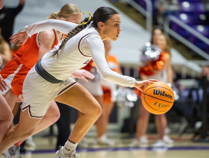 (Rick Egan | The Salt Lake Tribune) Lone Peak guard Shawnee Nordstrom (3) leads a fast beak for the nights, in the 6A girls Championship Game between Skyridge and Lone Peak, at Weber State, on Saturday, March 4, 2023.
