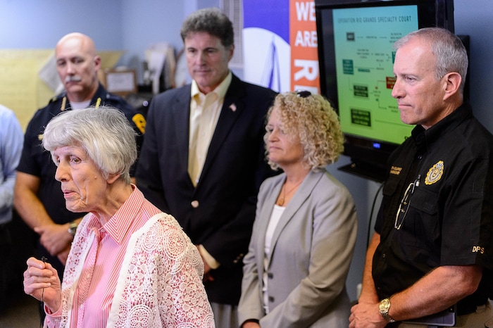 (Trent Nelson | The Salt Lake Tribune) Homeless advocate Pamela Atkinson speaks at a news conference on Operation Rio Grande, at Odyssey House in Salt Lake City, Tuesday August 22, 2017. At rear are Salt Lake Police Chief Mike Brown, Rep. Jim Dunnigan, R-Taylorsville, Salt Lake City Mayor Jackie Biskupski, and Commissioner of the Utah Department of Public Safety Keith Squires.