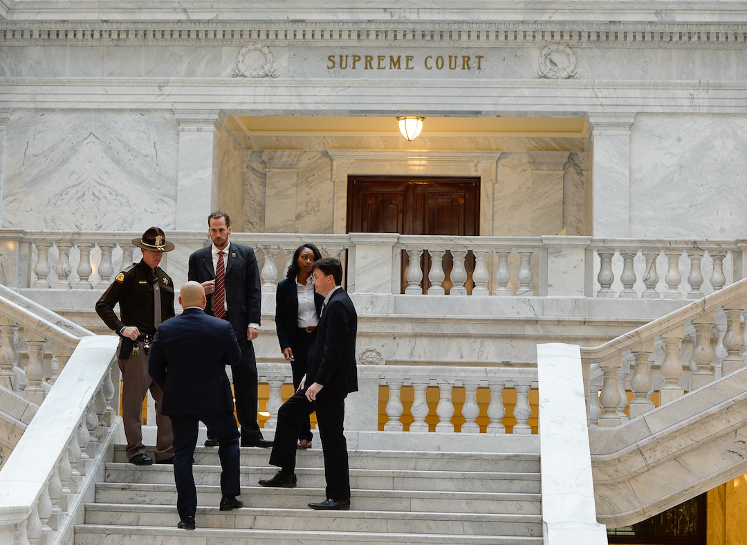 (Francisco Kjolseth  |  The Salt Lake Tribune)  Secret service and law enforcement keep an eye on the events surrounding the arrival of the U.S. President to th Utah Capitol as U.S. President Donald Trump is scheduled to appear on Monday, Dec. 4, 2017. President Trump will be joined by Sen. Orrin Hatch and Interior Secretary Ryan Zinke to sign a presidential proclamation to shrink Bears Ears and Grand Staircase-Escalante national monuments.