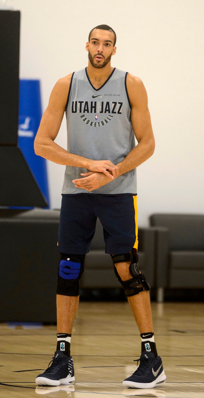 (Steve Griffin  |  The Salt Lake Tribune)  Utah Jazz center Rudy Gobert (27) during the Utah Jazz practice at the Zions Bank Basketball Campus in Salt Lake City Friday April 13, 2018.