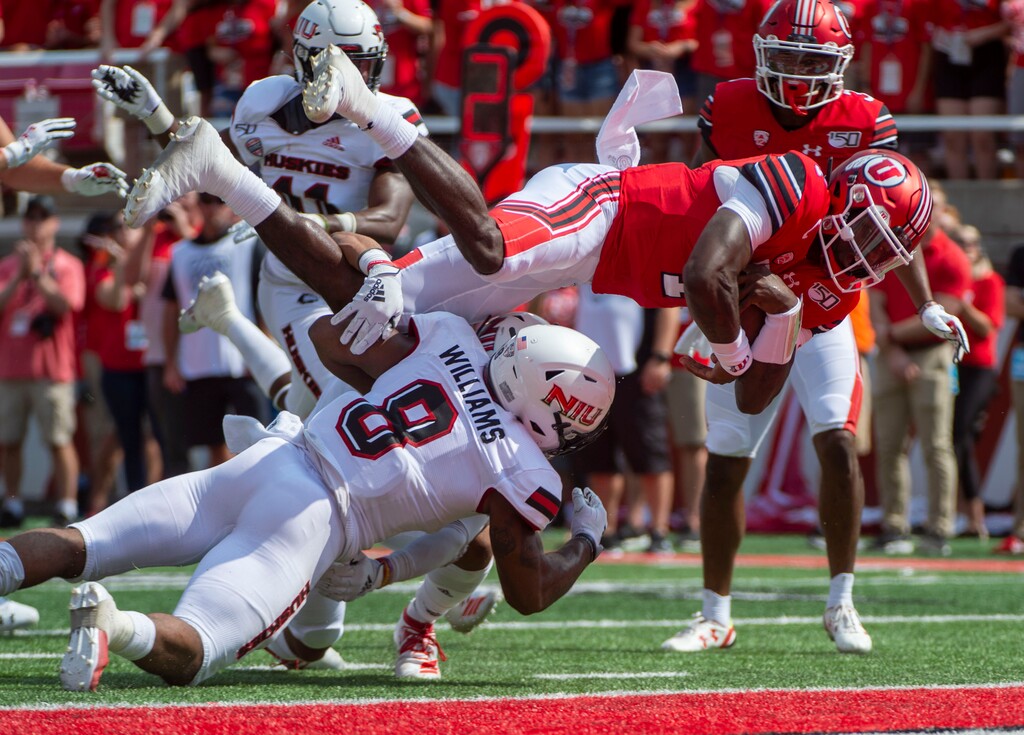 (Rick Egan  |  The Salt Lake Tribune)    Utah quarterback Tyler Huntley (1) scores a touchdown for the Utes, in football action between Northern Illinois Huskies and Utah Utes at Rice-Eccles Stadium, Saturday, Sept. 7, 2019.
