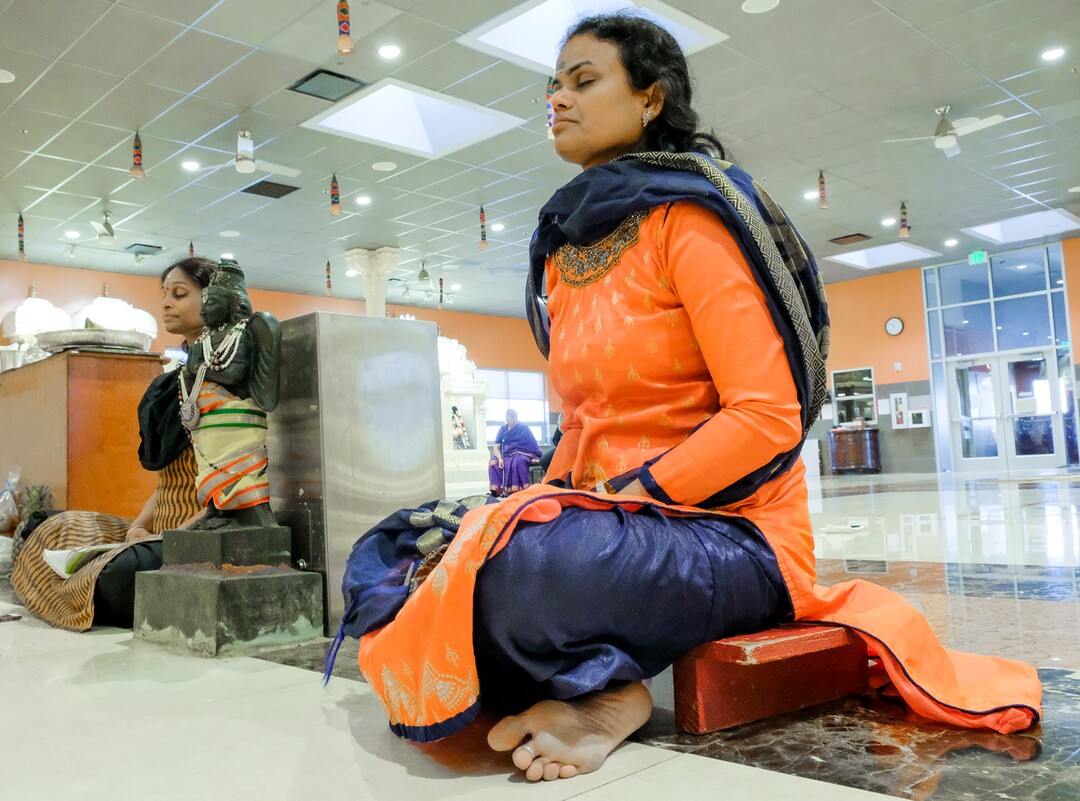 Leah Hogsten  |  The Salt Lake Tribune  l-r Deepika Singareddy and Nagamani recite the Vishnu and Lalitha Sahasranamam every day for an hour at the temple. Artisans from around the world spent two years hand-carving deities in the Sri Ganesha Hindu Temple in South Jordan. 
