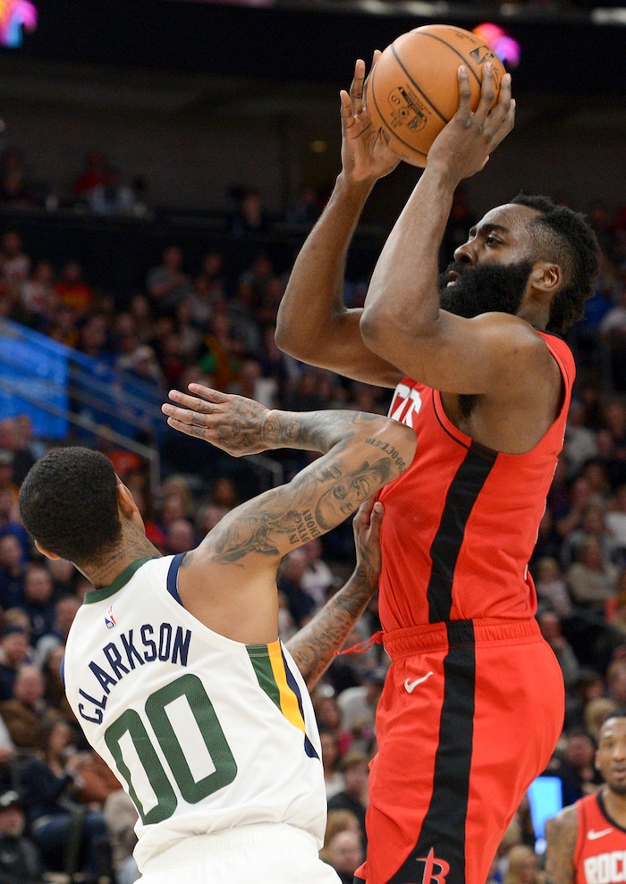 (Leah Hogsten  |  The Salt Lake Tribune) Houston Rockets guard James Harden (13) had 38 points and 7 assists. The Utah Jazz lost to the Houston Rockets 110-120 at Vivint Arena, Feb. 22, 2020.