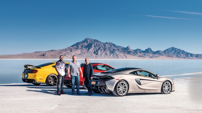 (Photo courtesy BBC America) Rory Reid, Matt LeBlanc and Chris Harris arrive at the Bonneville Salt Flats in the Season 25 premiere of “Top Gear” — only to discover it's a bit too wet to drive on.