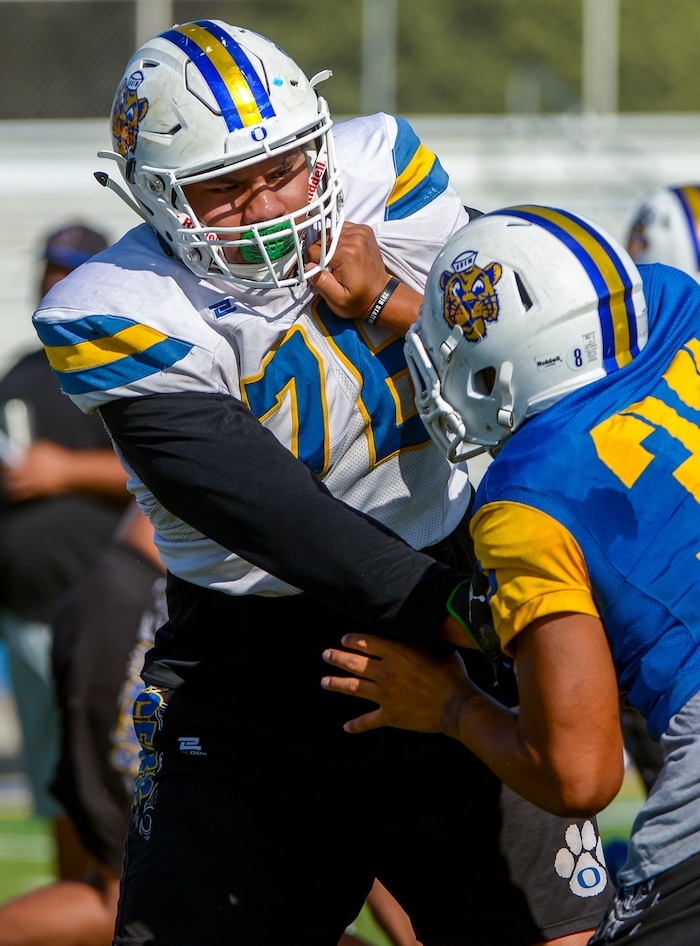 (Leah Hogsten | The Salt Lake Tribune) Orem High School football team tackle, Kingsley Suamataia, August 8, 2019.