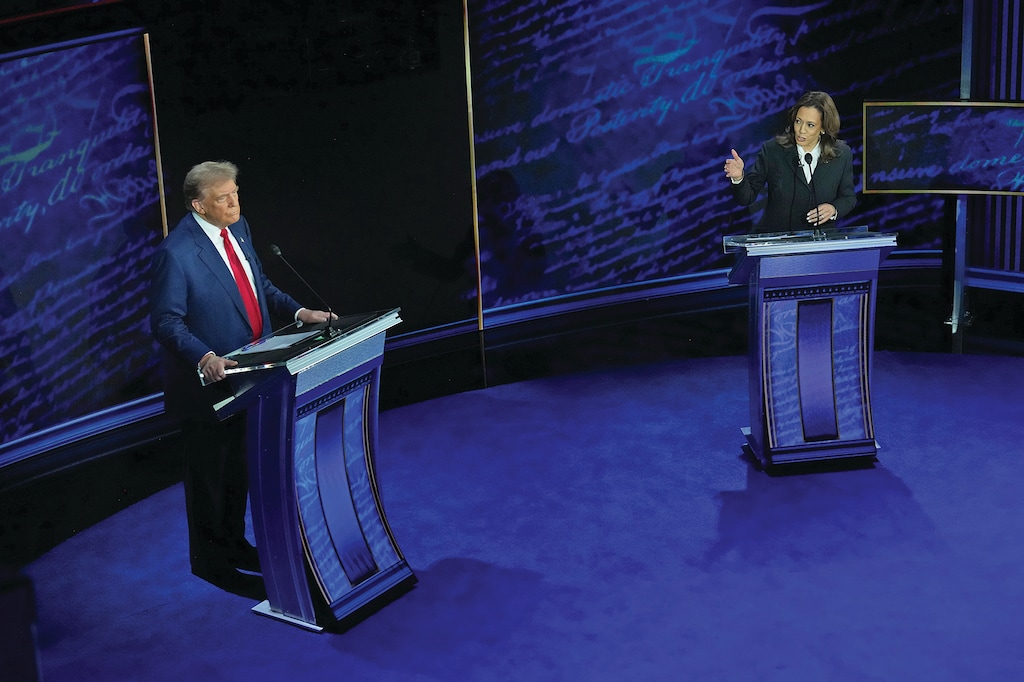 (Doug Mills | The New York Times) Vice President Kamala Harris speaks as former President Donald Trump looks on during the presidential debate at the National Constitution Center in Philadelphia, on Tuesday, Sept. 10, 2024. Observers wonder whether top Latter-day Saint leaders will address the presidential race at October's General Conference.