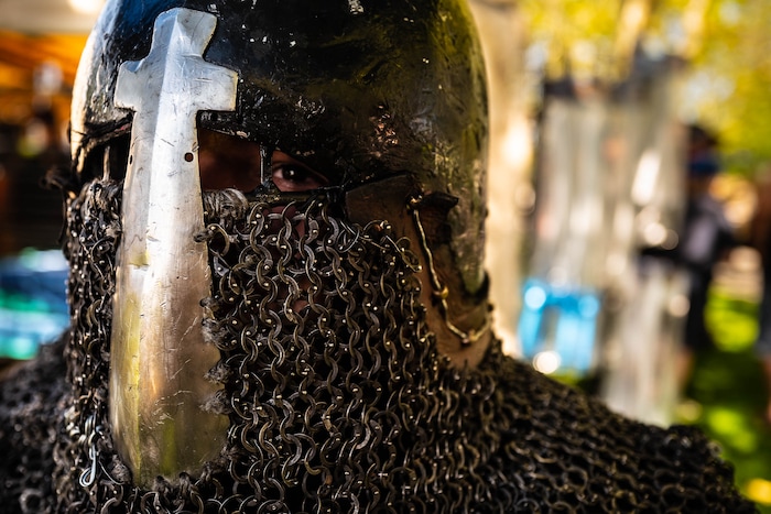 (Trent Nelson  |  The Salt Lake Tribune)  Gavin Beaton prepares to fight in a competition put on by the Armored Combat League at the Utah Renaissance Faire at Thanksgiving Point in Lehi on Friday Aug. 23, 2019.