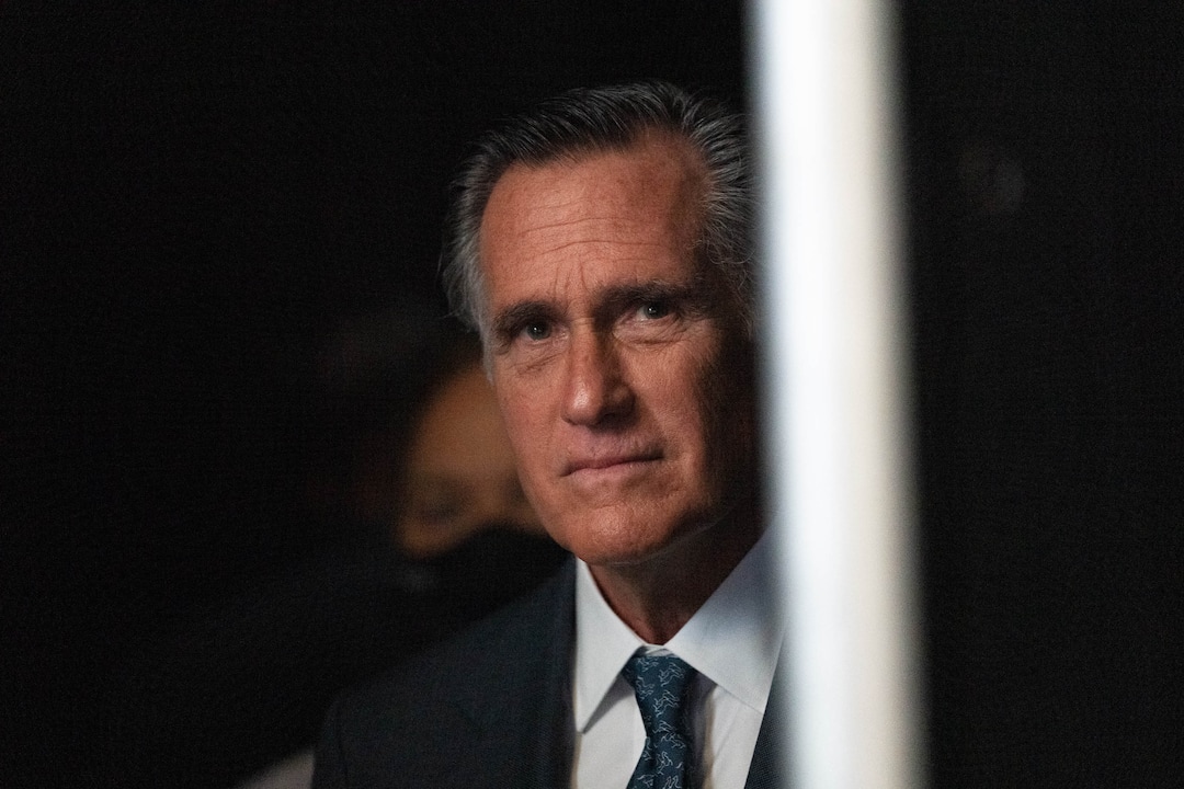 (Francisco Kjolseth | The Salt Lake Tribune) Sen. Mitt Romney gets ready to take the stage during the Utah Republican Party’s 2021 Organizing Convention at the Maverik Center in West Valley City on Saturday, May 1, 2021, where he was booed by Republican delegates numbering more than 1,900.