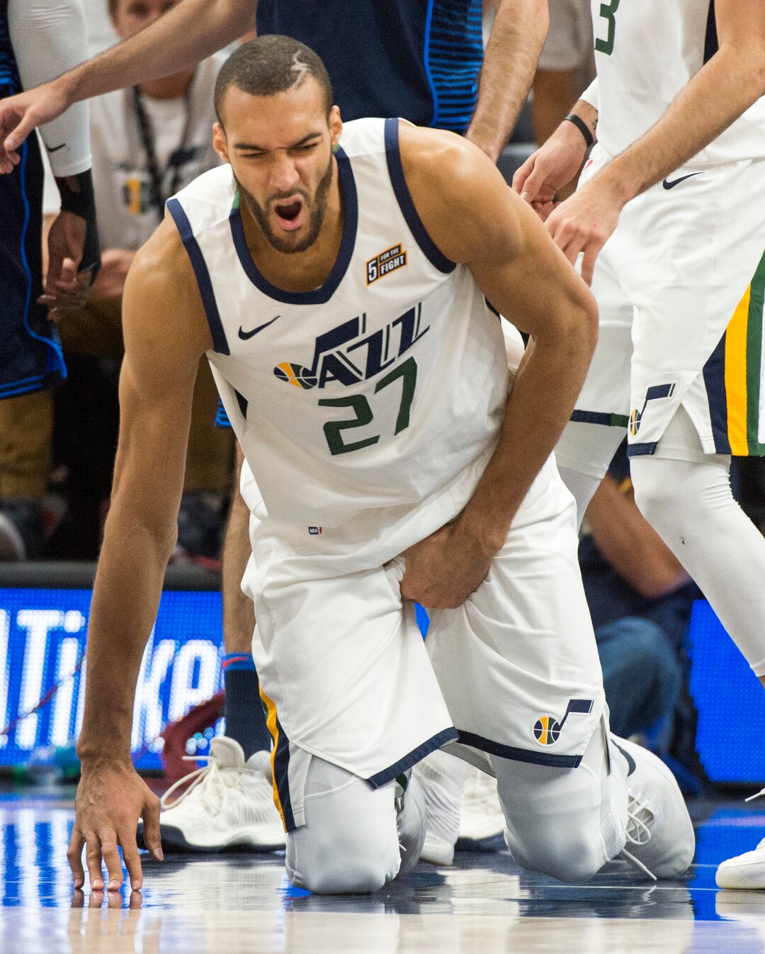 (Rick Egan  |  The Salt Lake Tribune)    Utah Jazz center Rudy Gobert (27) reacts after being fouled, in game 4, NBA playoff action between Utah Jazz and Oklahoma City Thunder, in Salt Lake City, Monday April 23, 2018.