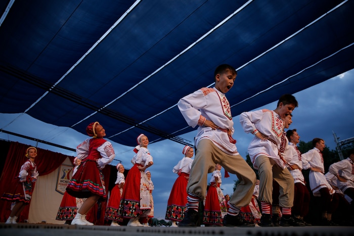 (Daniel Carde | for The Salt Lake Tribune) Performers from Belarus dance at the World Folkfest at the Springville Arts Park, Springville, Thursday, Aug. 1, 2018.